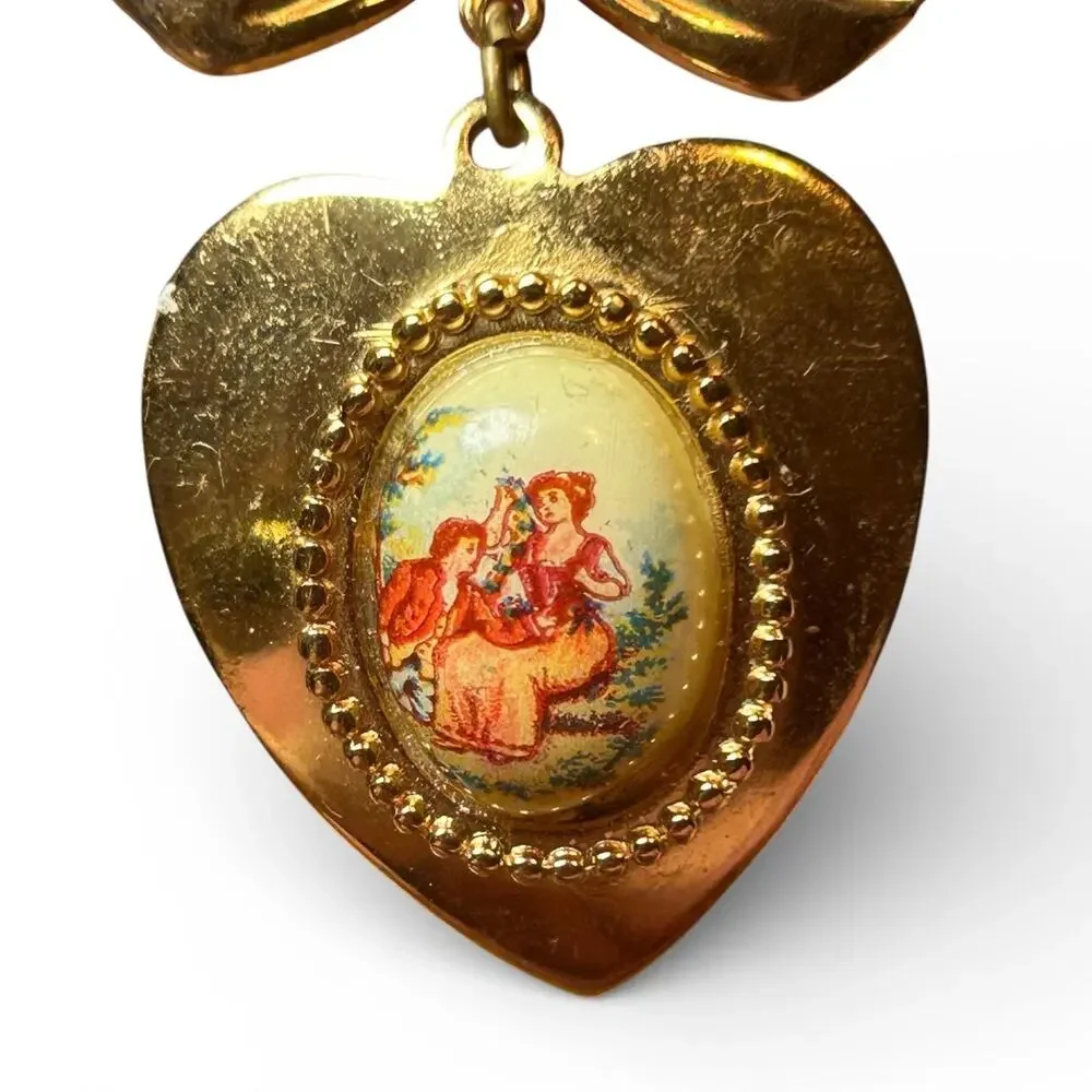 Vintage Coro Bow & Heart Brooch Romantic Courting Couple Pendant Pin